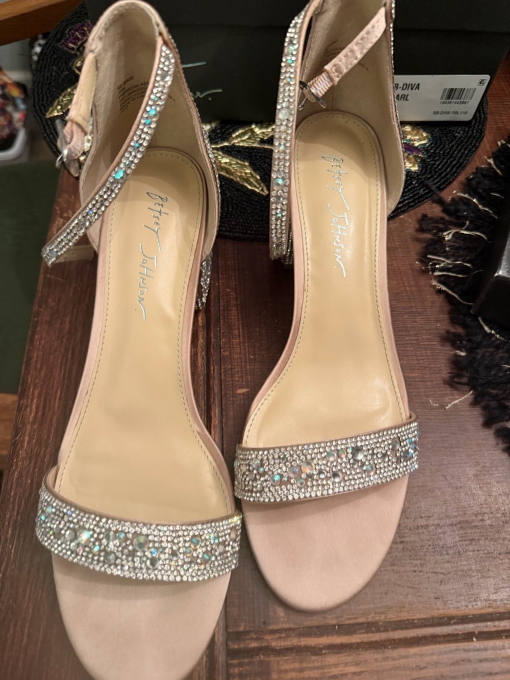 Betsey Johnson Blush Pink Crystal-Ankle Strap Heels